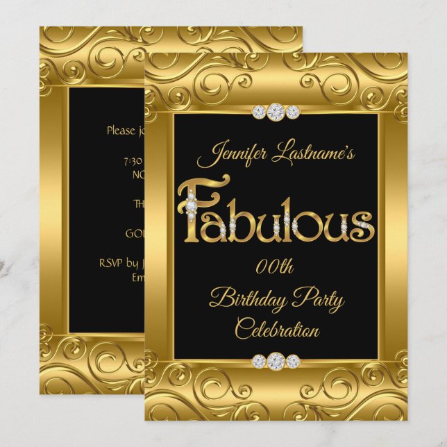 Invitation Fête d'anniversaire fabuleuse diamant damas or (Devant / Derrière)
