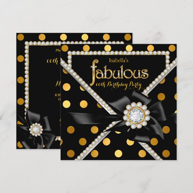 Invitation Fête d'anniversaire fabuleuse en or Points noirs e (Devant / Derrière)