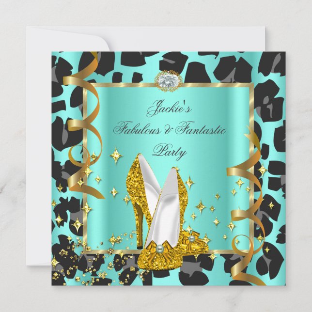 Invitation Fête d'anniversaire fabuleuse léopard sarcelle jau (Devant)