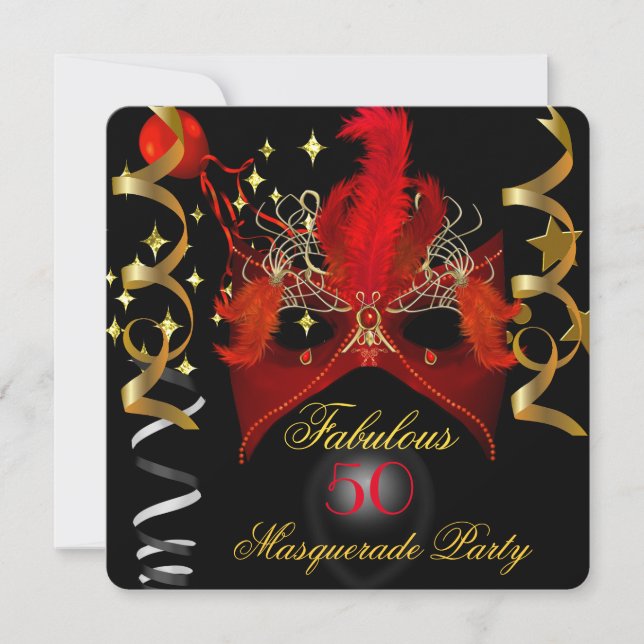Invitation Fête d'anniversaire fabuleuse Mascarade Rouge Or N (Devant)