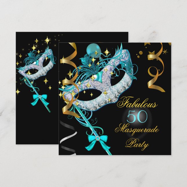 Invitation Fête d'anniversaire fabuleuse Mascarade Turquoise  (Devant / Derrière)
