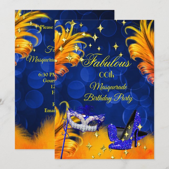 Invitation Fête d'anniversaire fabuleuse masquée bleu jaune (Devant / Derrière)