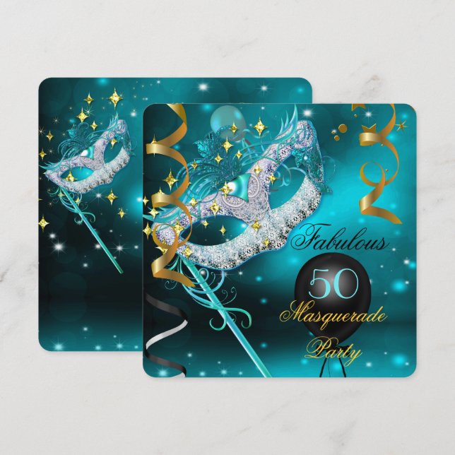 Invitation Fête d'anniversaire fabuleuse masquée sarcelle et  (Devant / Derrière)