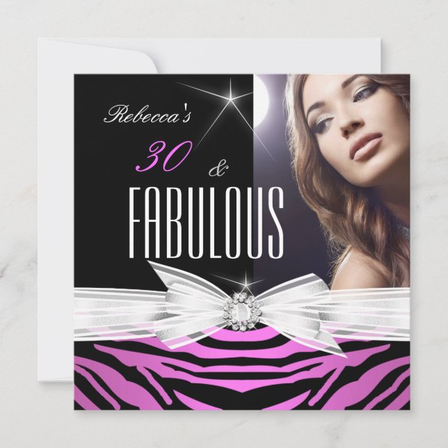 Invitation Fête d'anniversaire fabuleuse rose et noir zèbre 3 (Devant)