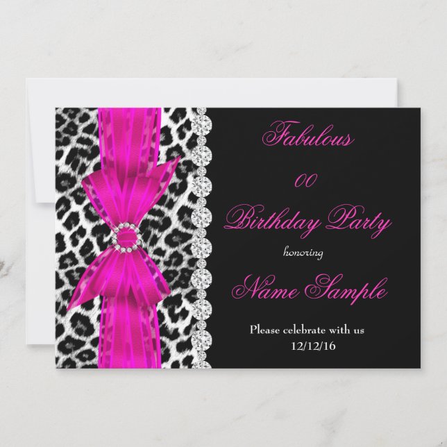 Invitation Fête d'anniversaire fabuleuse rose vif léopard noi (Devant)