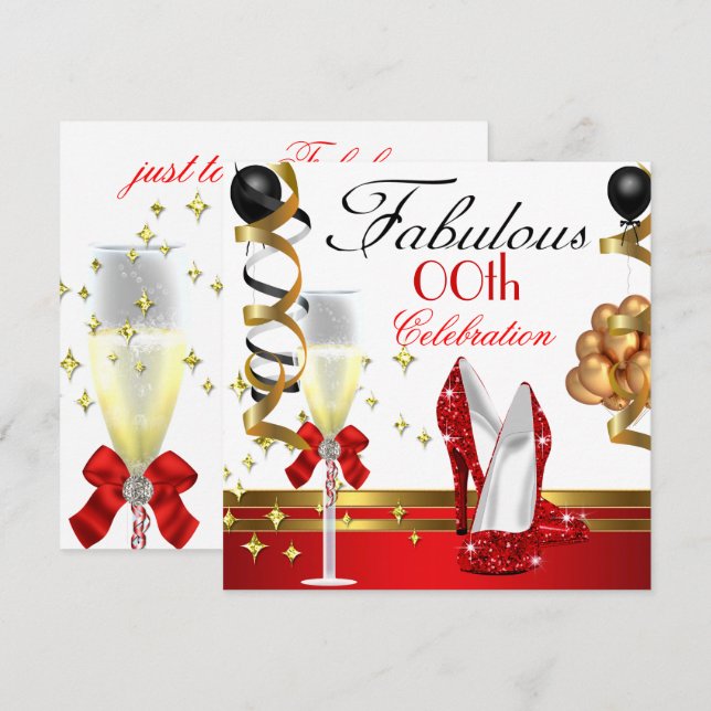 Invitation Fête d'anniversaire fabuleuse rouge noir blanc or (Devant / Derrière)