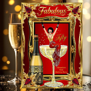 Invitation Fête d'anniversaire fabuleuse rouge or champagne