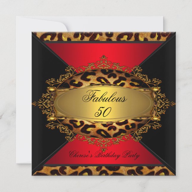 Invitation Fête d'anniversaire fabuleuse rouge or noir léopar (Devant)