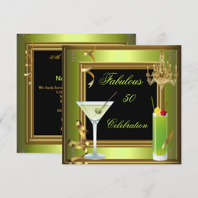 Invitation Fête d'anniversaire Fabulous 50 Celebration Or Ver (Devant / Derrière)