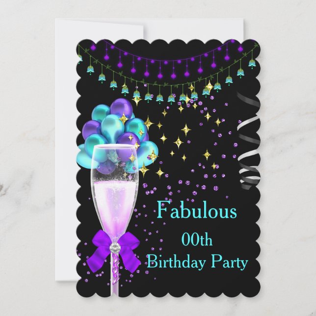 Invitation Fête d'anniversaire Fabulouse Champagne Violet Tur (Devant)