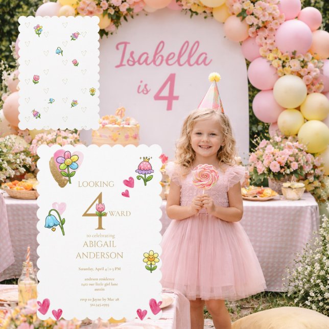 Invitation Fête d'anniversaire fantaisiste florale 4 ans  (Créateur téléchargé)