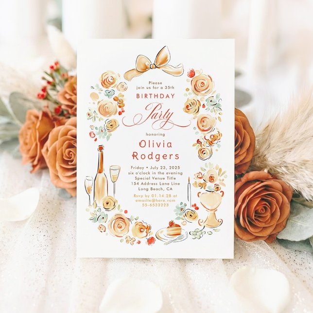 Invitation Fête d'anniversaire fantaisiste florale à la main  (Terracotta Whimsical Hand-illustrated Fall Birthday Invitations)