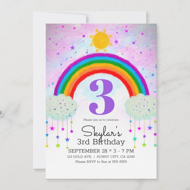 Invitation Fête d'anniversaire fantaisiste peinte avec arc-en (Devant)