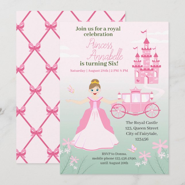 Invitation Fête d'anniversaire Fantastique Princesse Rose (Devant / Derrière)
