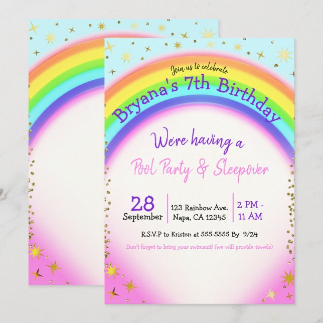 Invitation Fête d'anniversaire Fantasy Gold Rainbow Sparkle (Devant / Derrière)