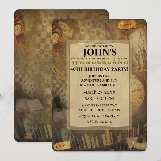 Invitation Fête d'anniversaire Fantasy Vintage Alice au pays  (Devant / Derrière)