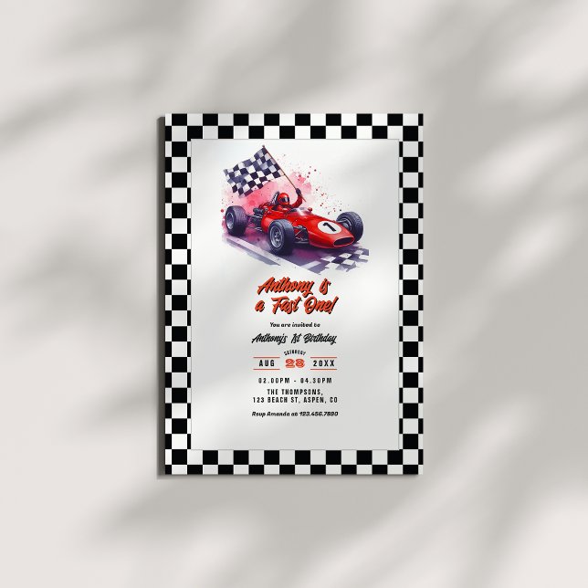 Invitation Fête d'anniversaire "Fast One" 1ère année ("Fast One" Race Car 1st Birthday Party Invitation)