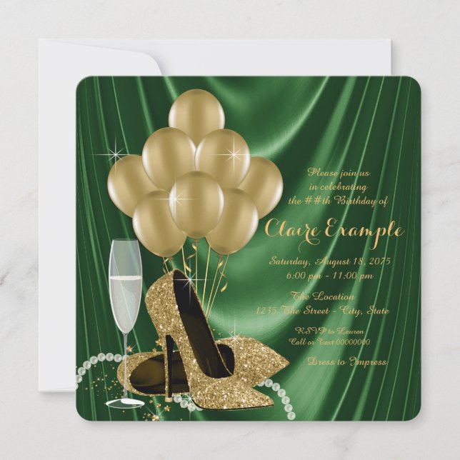 Invitation Fête d'anniversaire féminine Emerald Green et Gold (Devant)