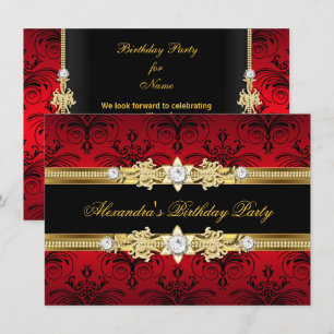 Invitation Fête d'anniversaire femme Fleurs rouges Or Noir
