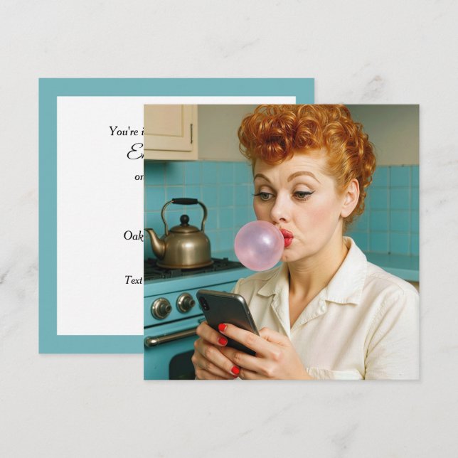 Invitation Fête d'anniversaire Femme rétro envoyant un texto  (Devant / Derrière)