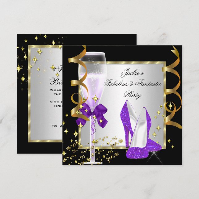 Invitation Fête d'anniversaire femme Violet Noir Argent (Devant / Derrière)