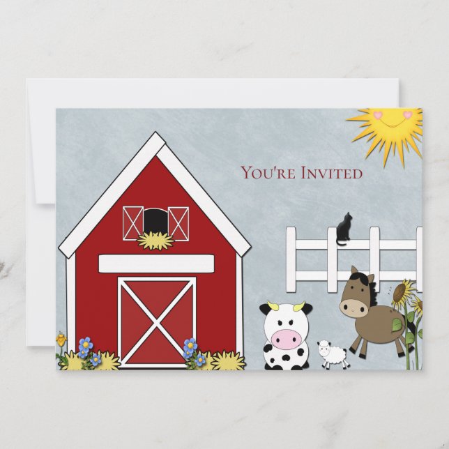Invitation Fête d'anniversaire, Ferme, Vache, Cheval, Campagn (Devant)