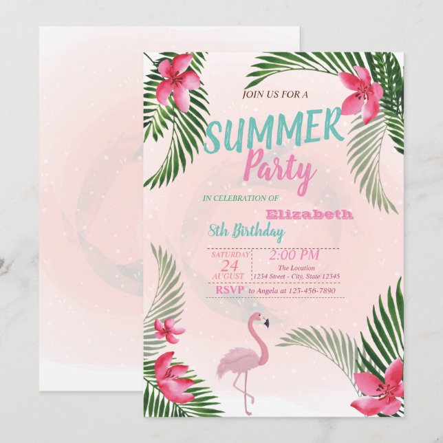 Invitation Fête d'anniversaire Feuille de palmier, Fleurs, Fl (Devant / Derrière)