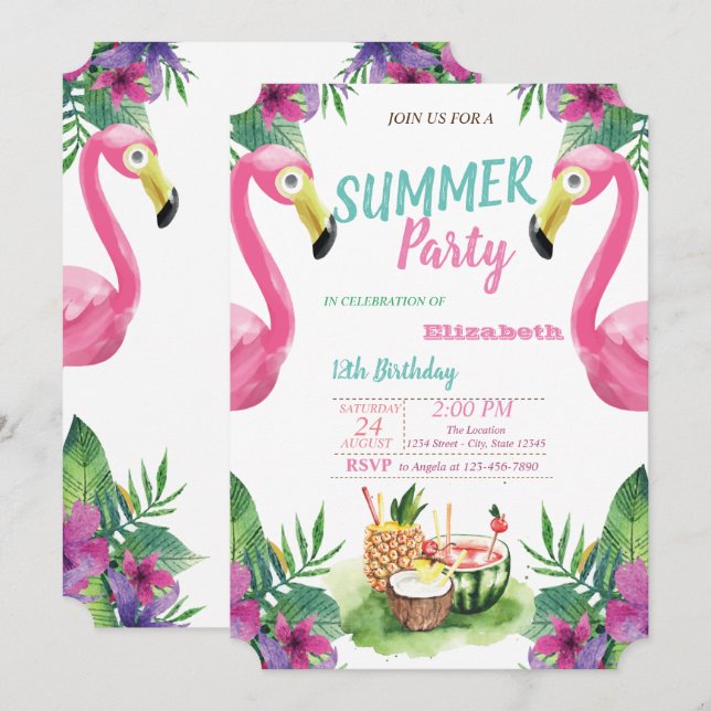 Invitation Fête d'anniversaire Feuille de palmier, Fruits, Fl (Devant / Derrière)