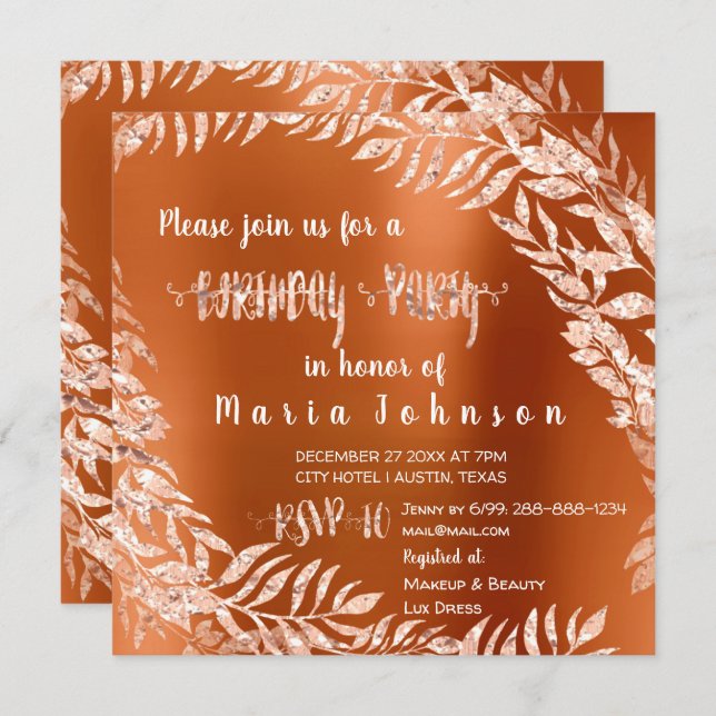 Invitation Fête d'anniversaire feuille Parties scintillant Ro (Devant / Derrière)