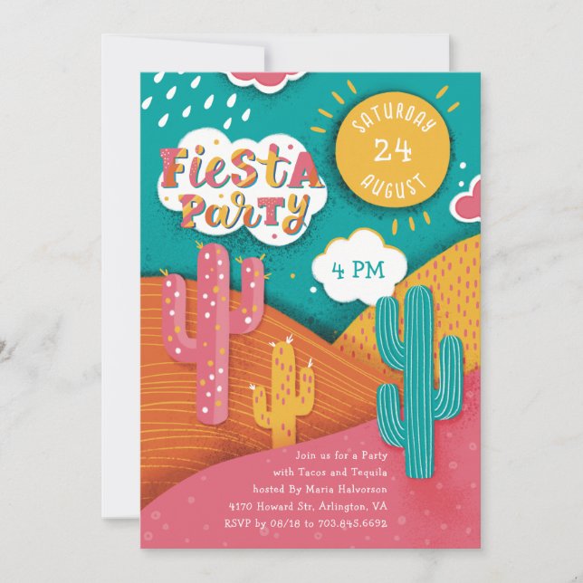 Invitation Fête d'anniversaire Fiesta. Tacos de cactus et teq (Devant)