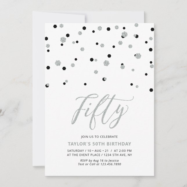 Invitation Fête d'anniversaire Fifty 50 ans Black & Silver Co (Devant)