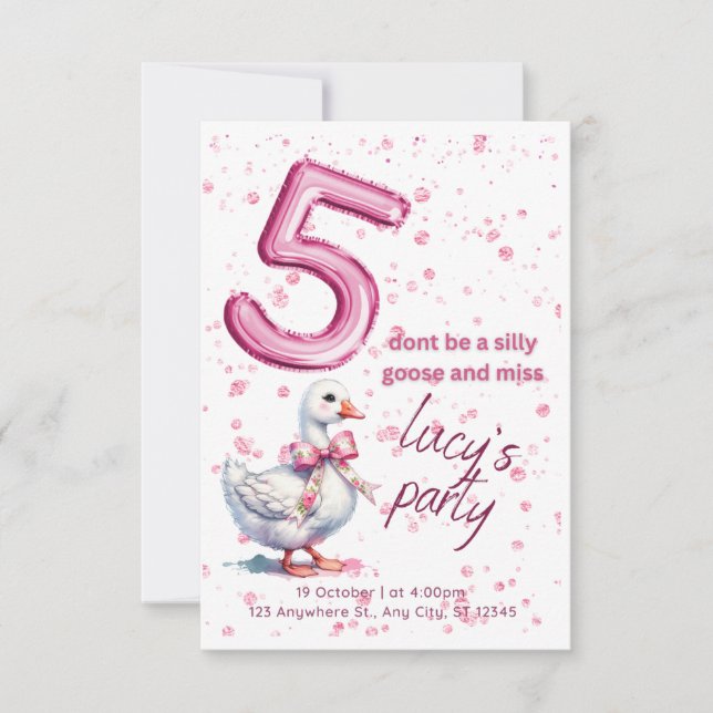 Invitation fête d'anniversaire, fille 5, rose, oie (Devant)