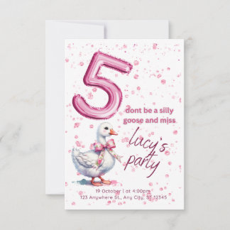 Invitation fête d'anniversaire, fille 5, rose, oie