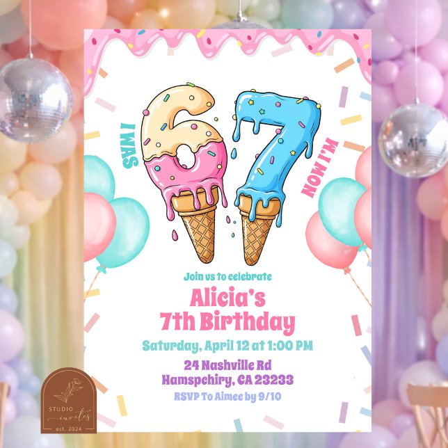 Invitation Fête d'anniversaire fille 67 Glace pastel  (Créateur téléchargé)