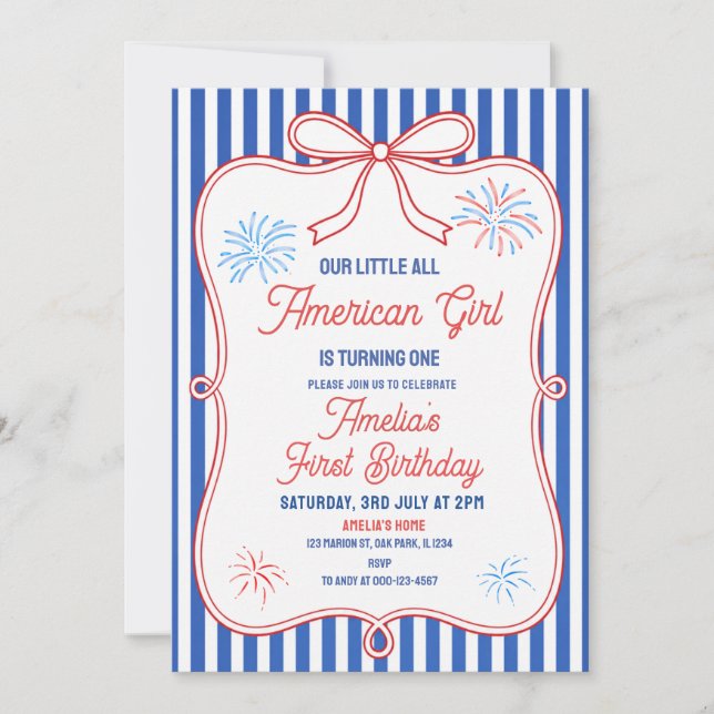 Invitation Fête d'anniversaire Fille Américaine classique Rou (Devant)