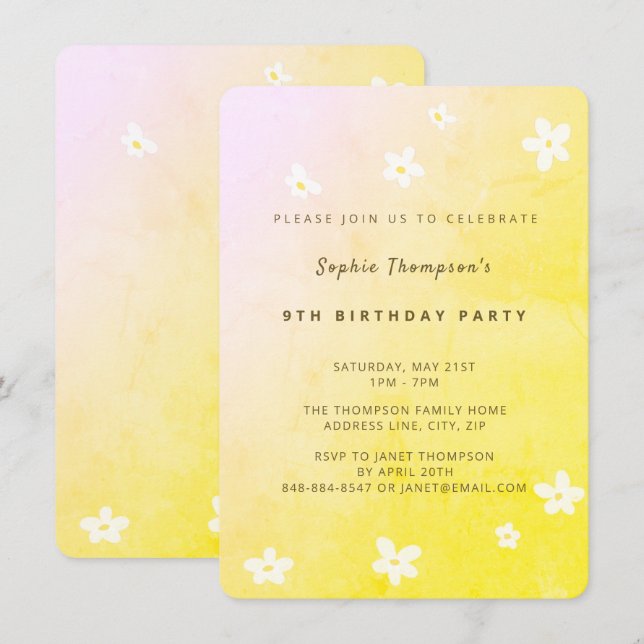 Invitation Fête d'anniversaire fille aquarelle jaune rose mar (Devant / Derrière)