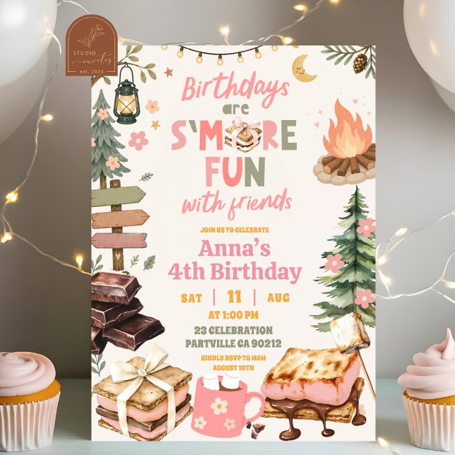 Invitation Fête d'anniversaire fille avec des amis et des s'm (Créateur téléchargé)