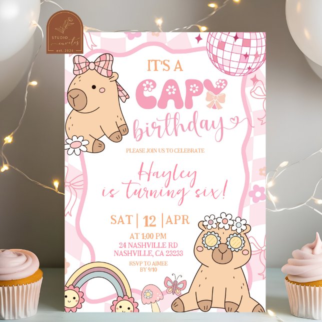 Invitation Fête d'anniversaire fille capybara pastel rétro (Créateur téléchargé)