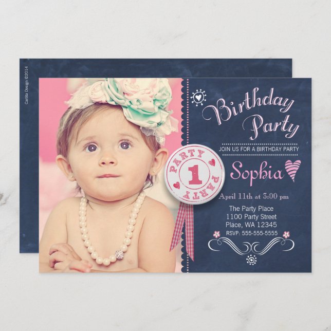 Invitation Fête d'Anniversaire Fille Chalkboard (Devant / Derrière)