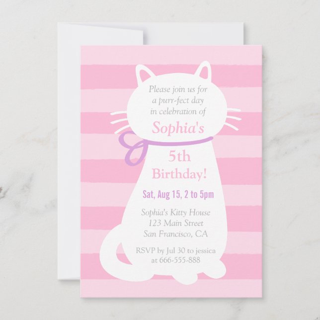Invitation Fête d'anniversaire fille Chat Kitty Blanc Rayures (Devant)