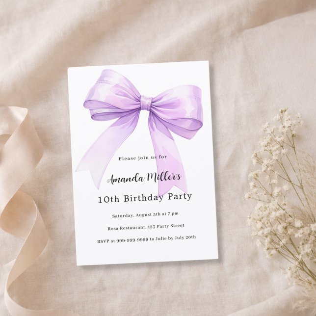 Invitation Fête d'anniversaire fille coquette ruban lavande (Créateur téléchargé)