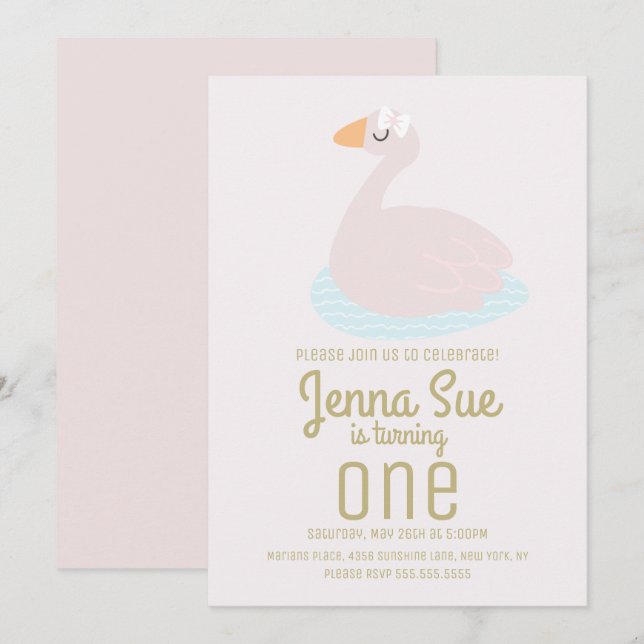 Invitation Fête d'anniversaire fille Cygne Mignon Rose (Devant / Derrière)