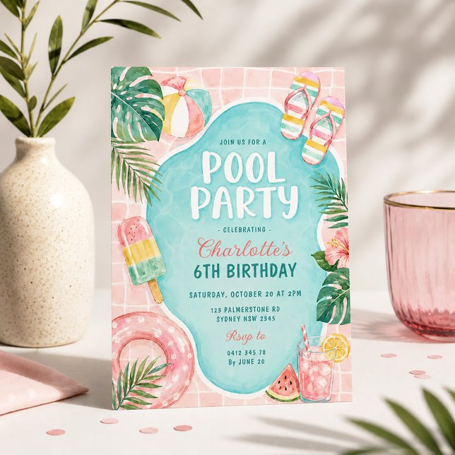 Invitation Fête d'anniversaire Fille de Palm Springs : Piscin (Créateur téléchargé)