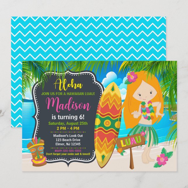 Invitation Fête d'anniversaire Fille Hawaïenne Luau Tropical  (Devant / Derrière)