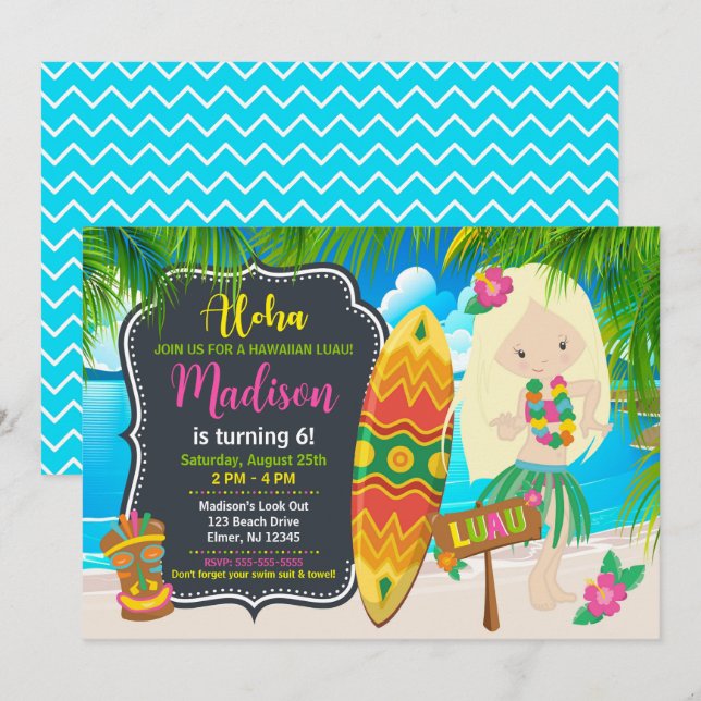Invitation Fête d'anniversaire Fille Hawaïenne Tropicale Luau (Devant / Derrière)