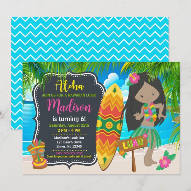 Invitation Fête d'anniversaire Fille Hawaïenne Tropicale Luau (Devant / Derrière)