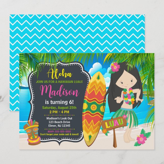 Invitation Fête d'anniversaire Fille Hawaïenne Tropicale Luau (Devant / Derrière)