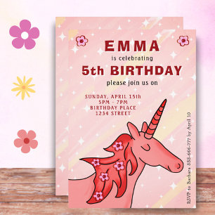 Invitation Fête d'anniversaire fille licorne aux fleurs