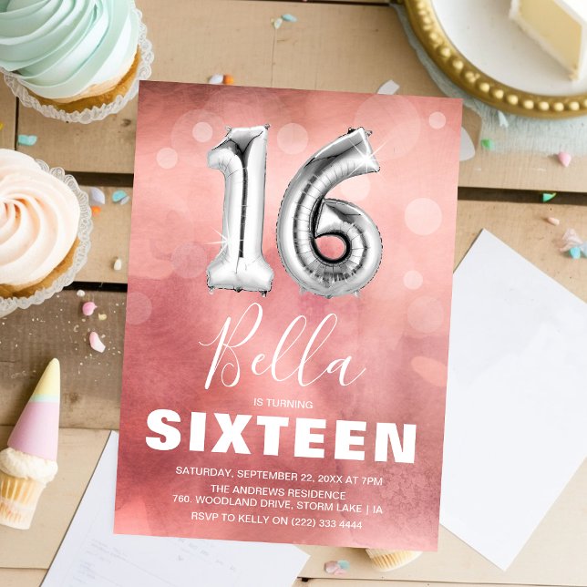 Invitation Fête d'anniversaire fille moderne rose 16 ans (Créateur téléchargé)