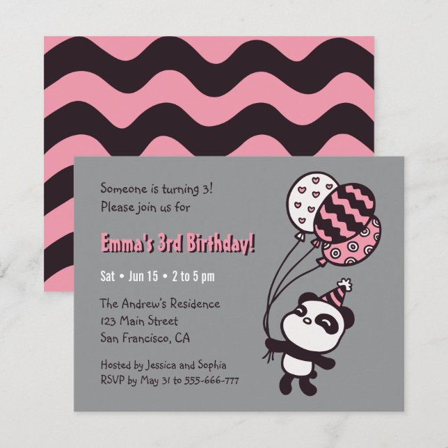Invitation Fête d'anniversaire fille Panda mignon et ballons (Devant / Derrière)